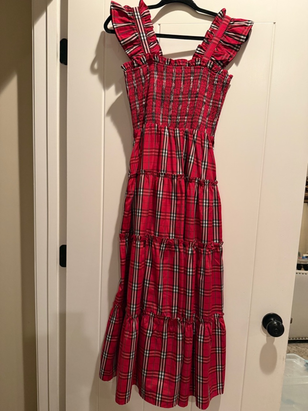 Red Plaid Midi Dress with Ruffle Straps